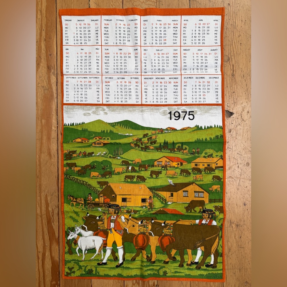 Vintage 1975 Calendar Tea Towel with Farm Scene - Made in Switzerland by Alba